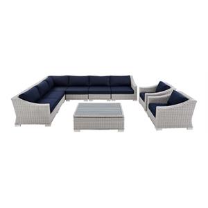 modway conway 9-piece patio rattan sectional sofa set in light gray/navy