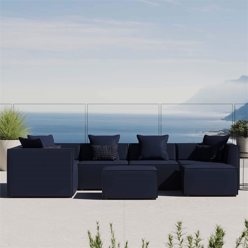 Modway Saybrook 7-Piece Patio Fabric Upholstered Sectional Sofa in Navy