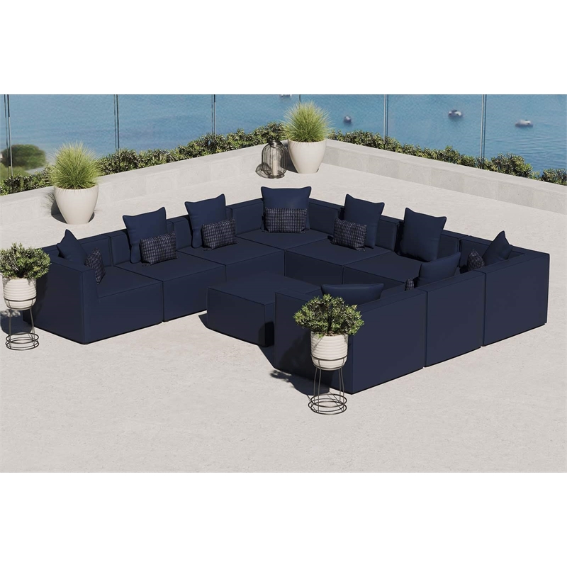 Modway Saybrook 10-Piece Patio Fabric Upholstered Sectional Sofa in Navy