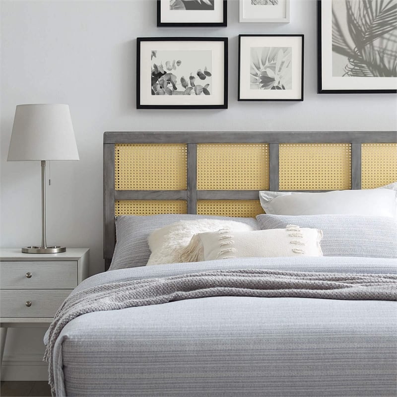 Modway Luana Cane Rattan and Rubberwood Queen Headboard in Gray