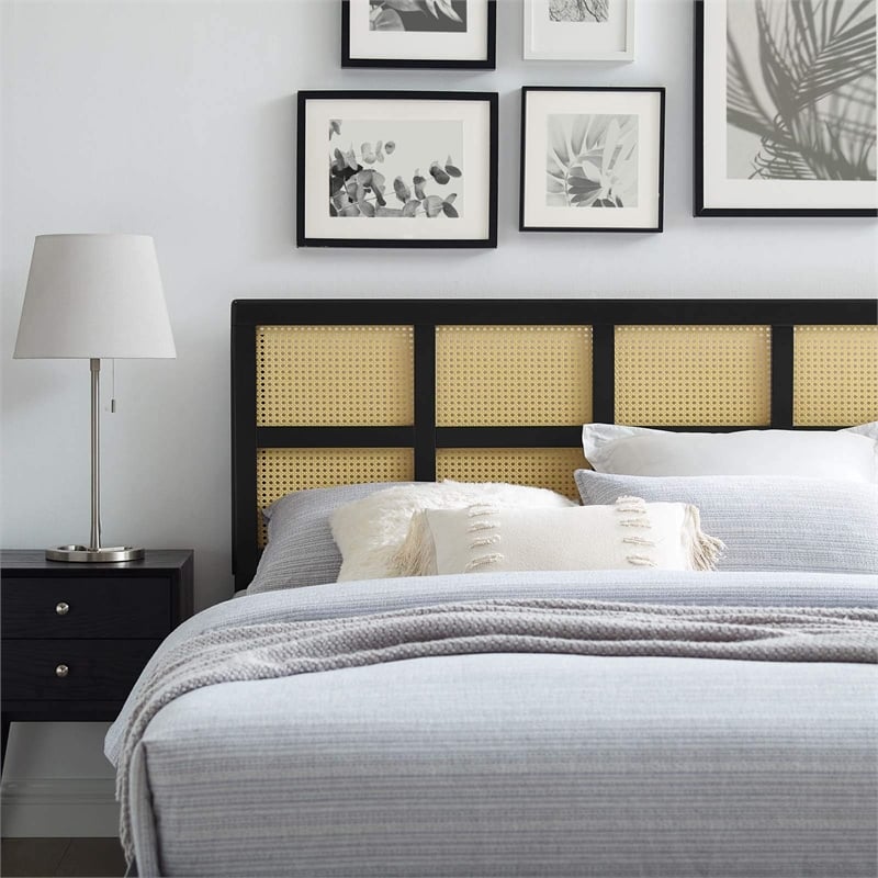 Modway Luana Cane Rattan and Rubberwood King Headboard in Black