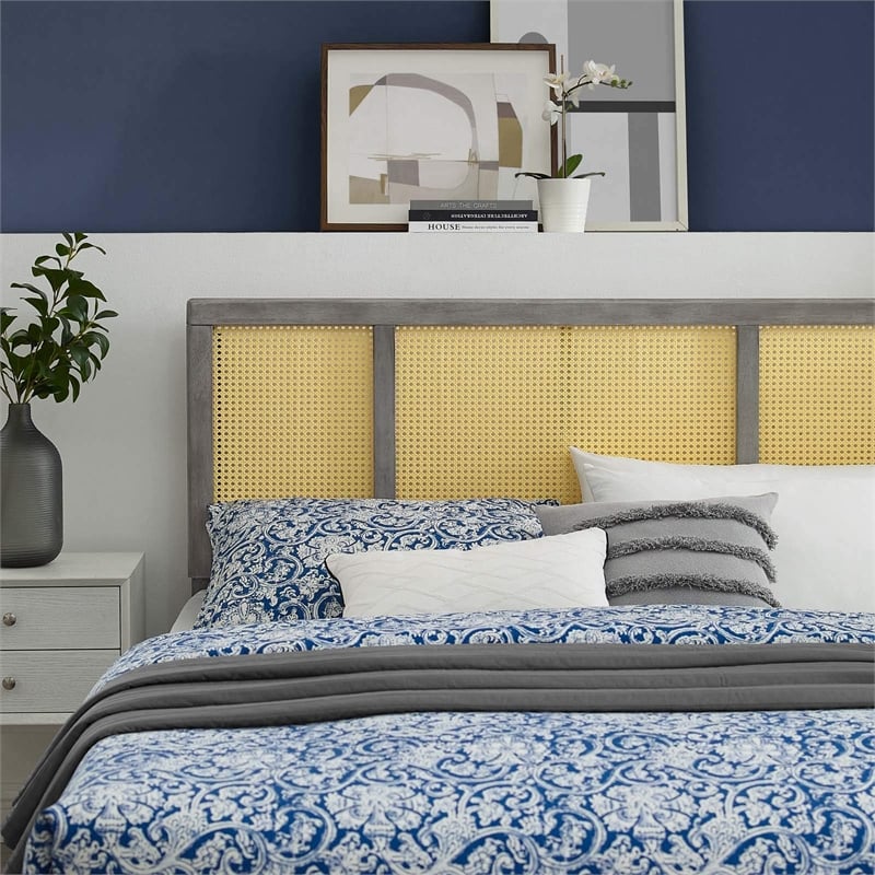 Modway Delmare Cane Rattan and Rubberwood Full Headboard in Gray