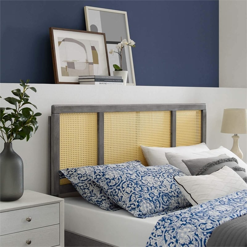 Modway Delmare Cane Rattan and Rubberwood Full Headboard in Gray