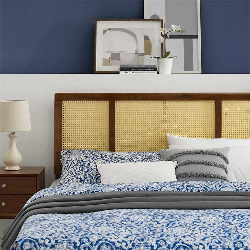 Modway Delmare Cane Rattan and Rubberwood Full Headboard in Walnut