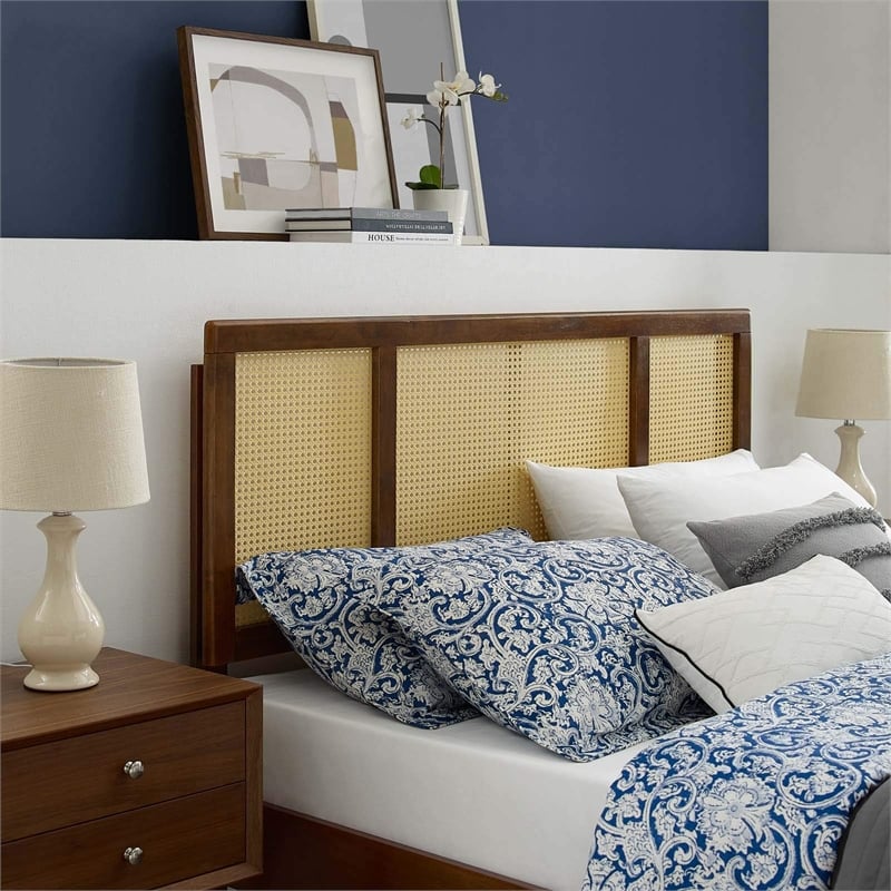 Modway Delmare Cane Rattan and Rubberwood Full Headboard in Walnut