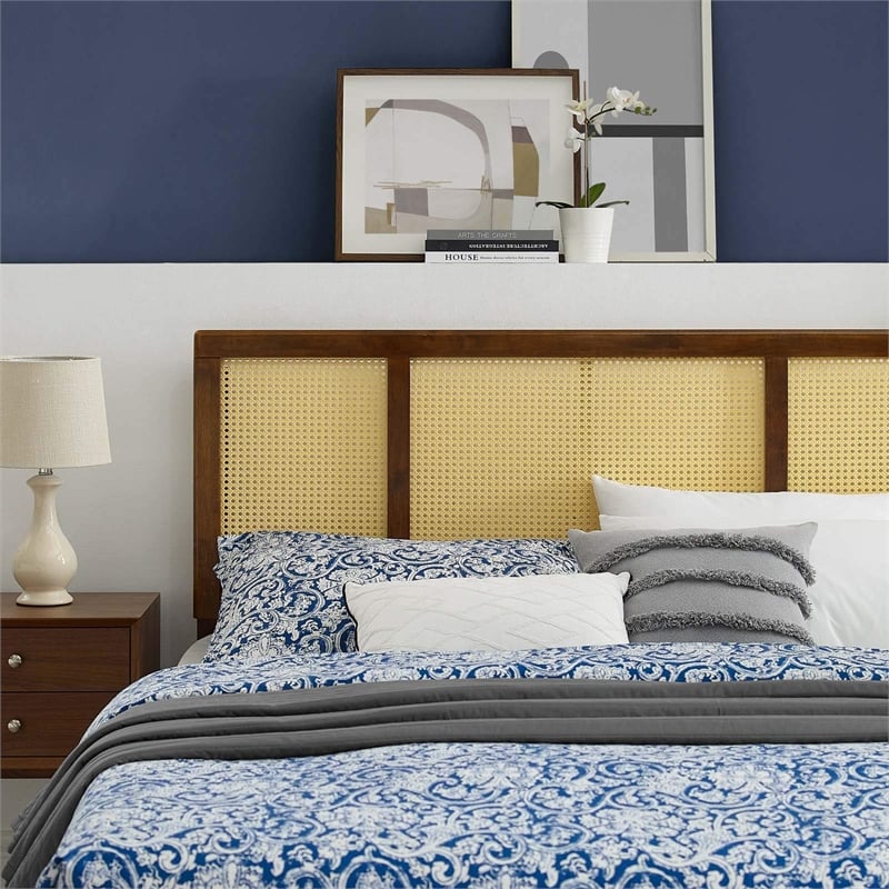 Modway Delmare Cane Rattan and Rubberwood King Headboard in Walnut