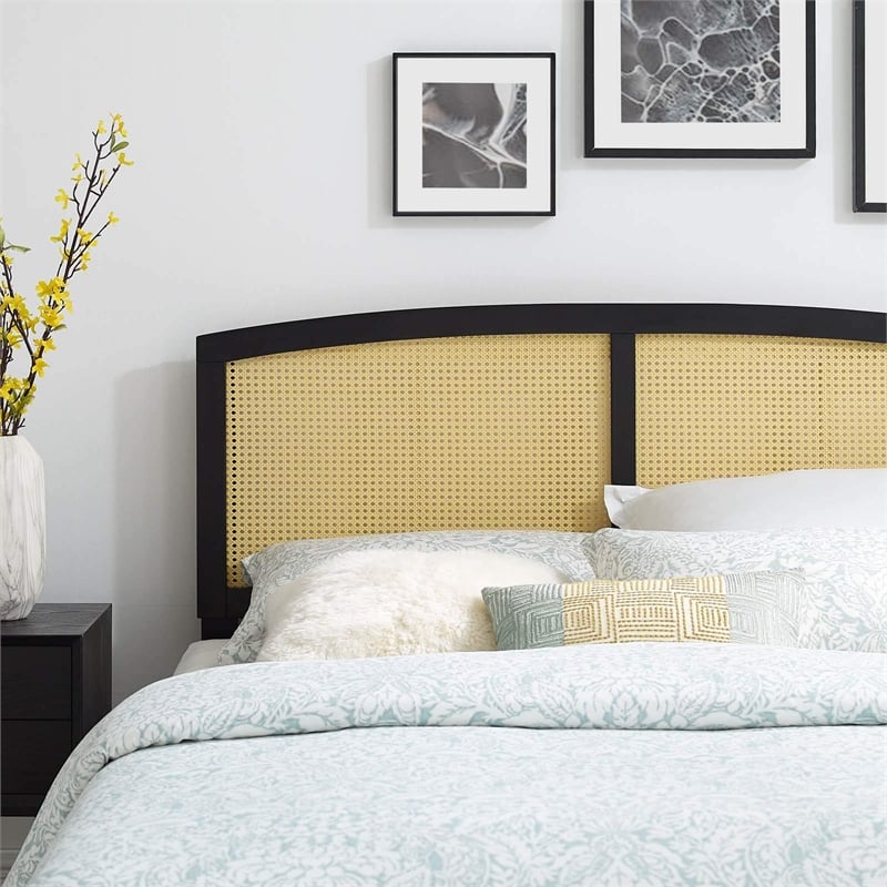 Modway Halcyon Cane Rattan and Rubberwood Full Headboard in Black