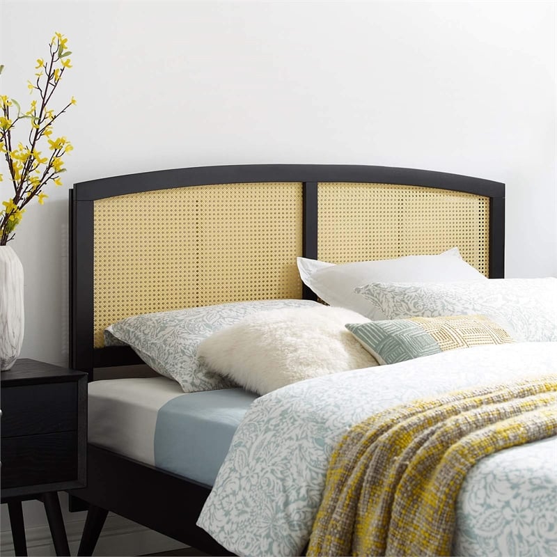 Modway Halcyon Cane Rattan and Rubberwood Full Headboard in Black