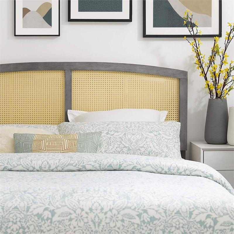 Modway Halcyon Cane Rattan and Rubberwood Queen Headboard in Gray