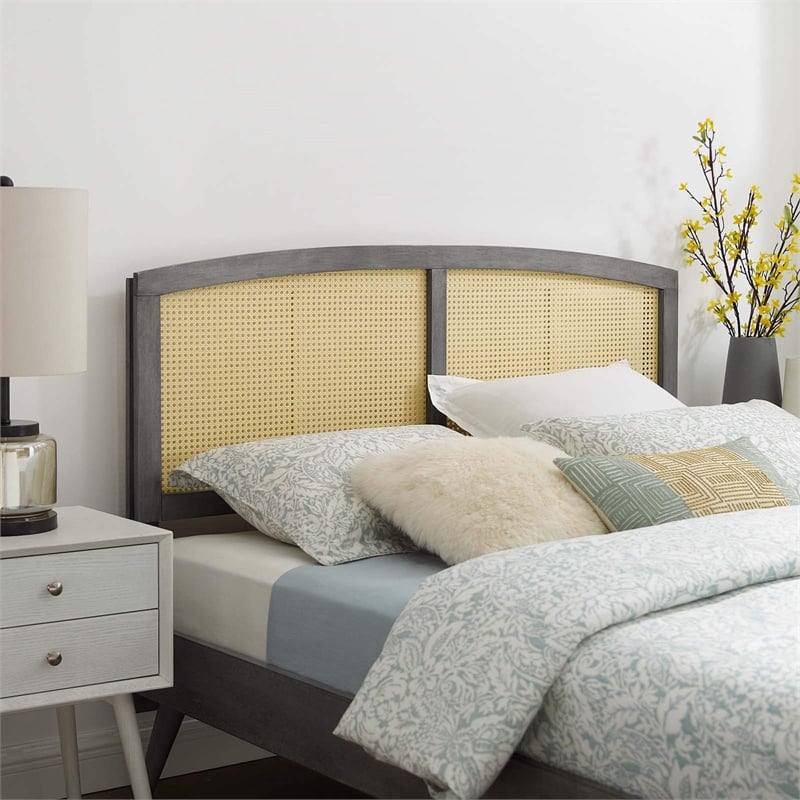 Modway Halcyon Cane Rattan and Rubberwood Queen Headboard in Gray