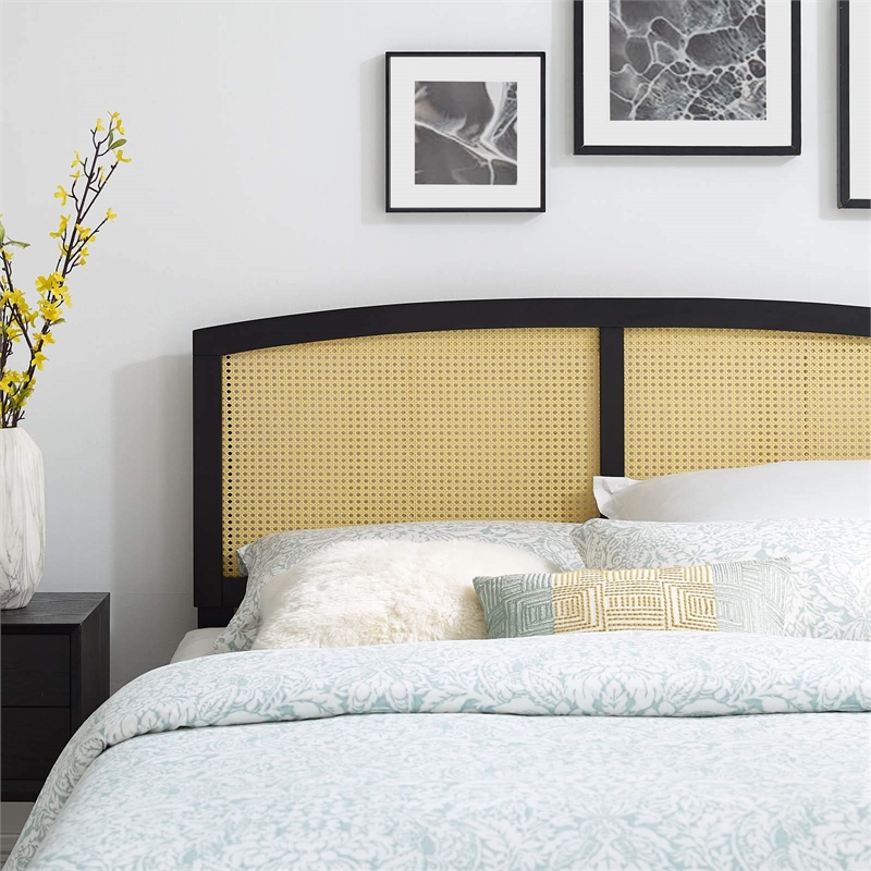 Modway Halcyon Cane Rattan and Rubberwood King Headboard in Black