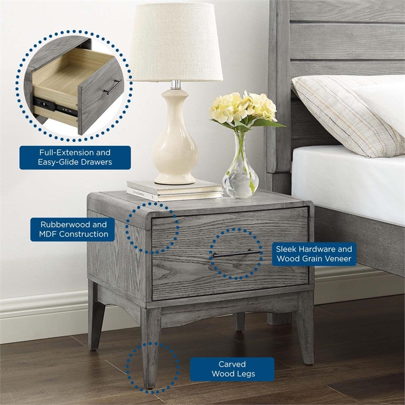 Modway Georgia Modern Rubberwood and Wood Nightstand in Gray Finish