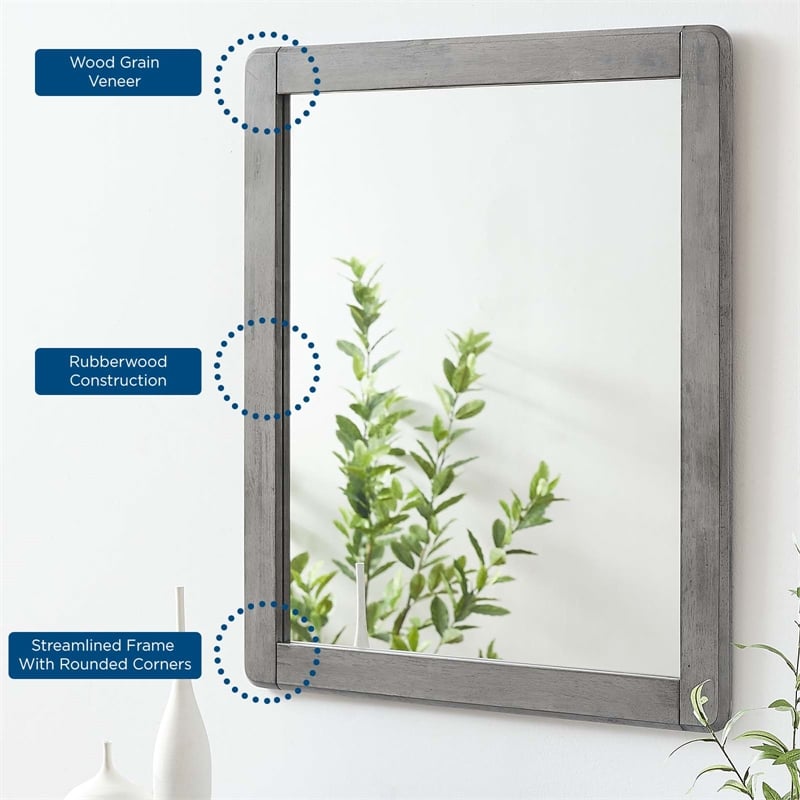 Modway Georgia Modern Style Solid Rubberwood Mirror in Gray Finish