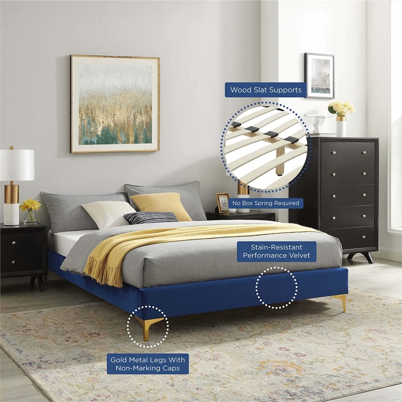 Modway Sutton Queen Modern Performance Velvet Bed Frame in Navy