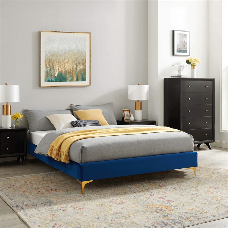 Modway Sutton Queen Modern Performance Velvet Bed Frame in Navy