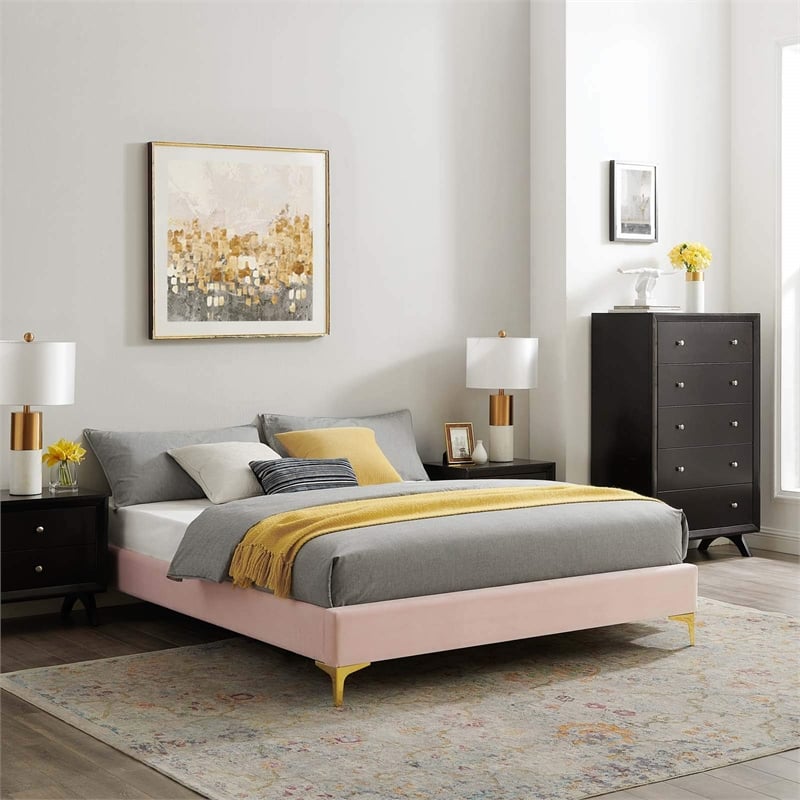Modway Sutton Queen Modern Performance Velvet Bed Frame in Pink