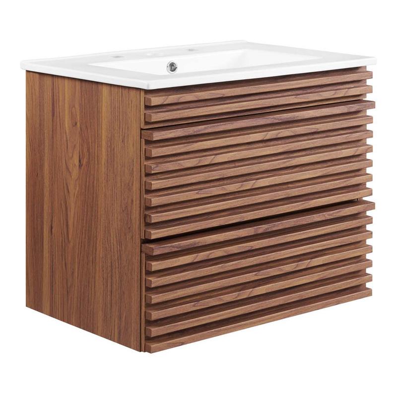 Modway Render 24.5" Modern Wood WallMount Bathroom Vanity in Walnut