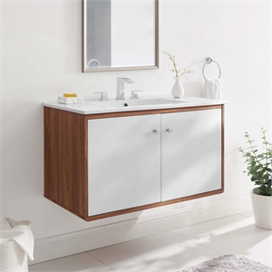 Modway Transmit 36&quot Modern Plastic Wall-Mount Bathroom Vanity in Walnut/White