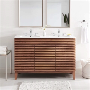 Modway Render 48&quot Modern Wood Double Sink Bathroom Vanity in Walnut/White