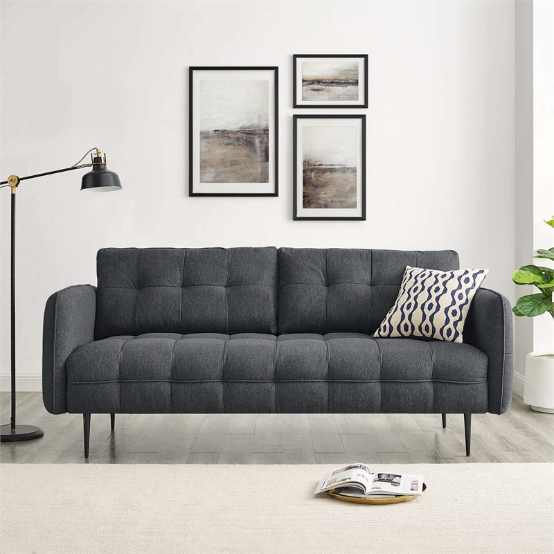 Modway Cameron Upholstered Modern Fabric Sofa with Metal Legs in Charcoal/Black