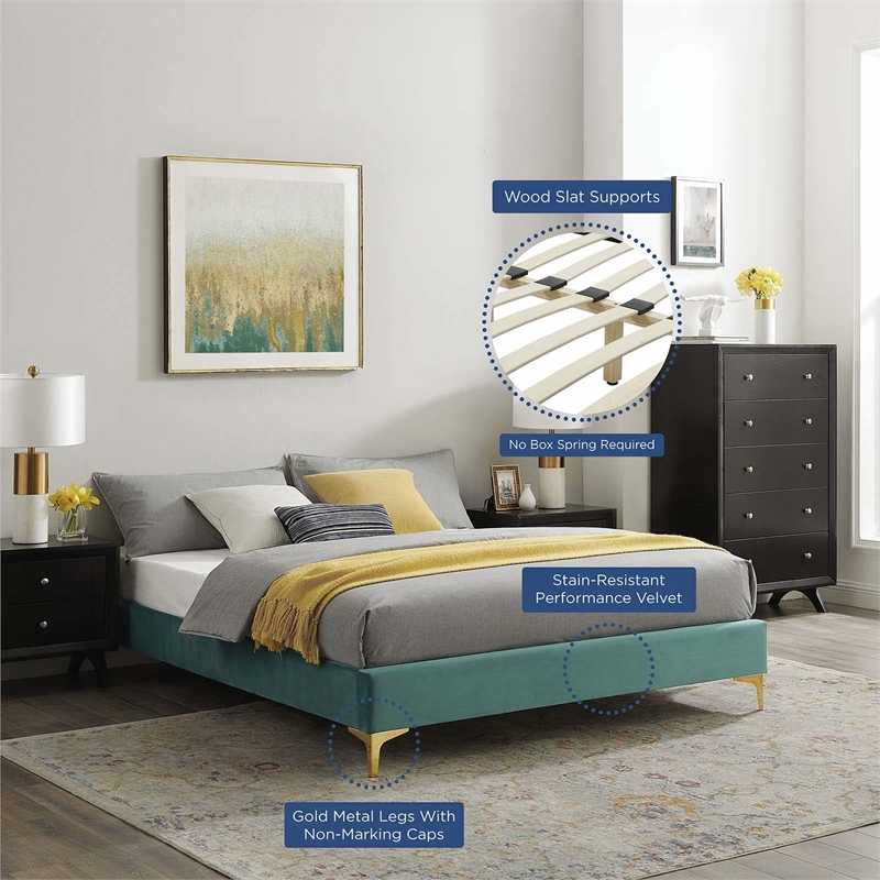 Modway Sutton King Modern Performance Velvet Bed Frame in Teal Green