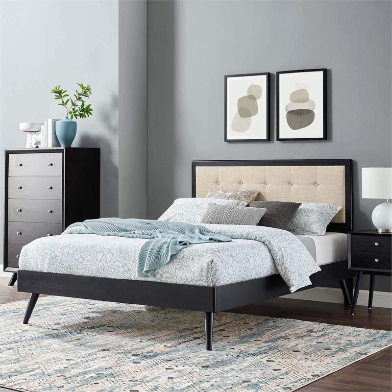 Modway Willow Queen Wood Platform Bed with Splayed Legs in Black/Beige