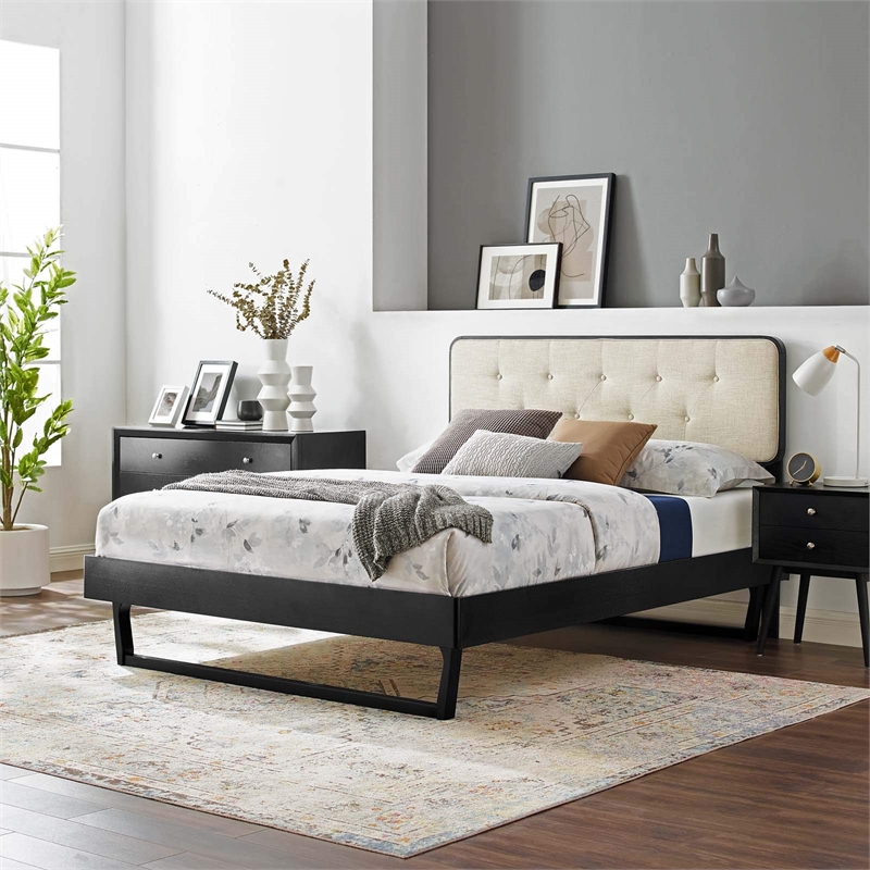 Modway Bridgette Wood Queen Platform Bed with Angular Frame in Black/Beige
