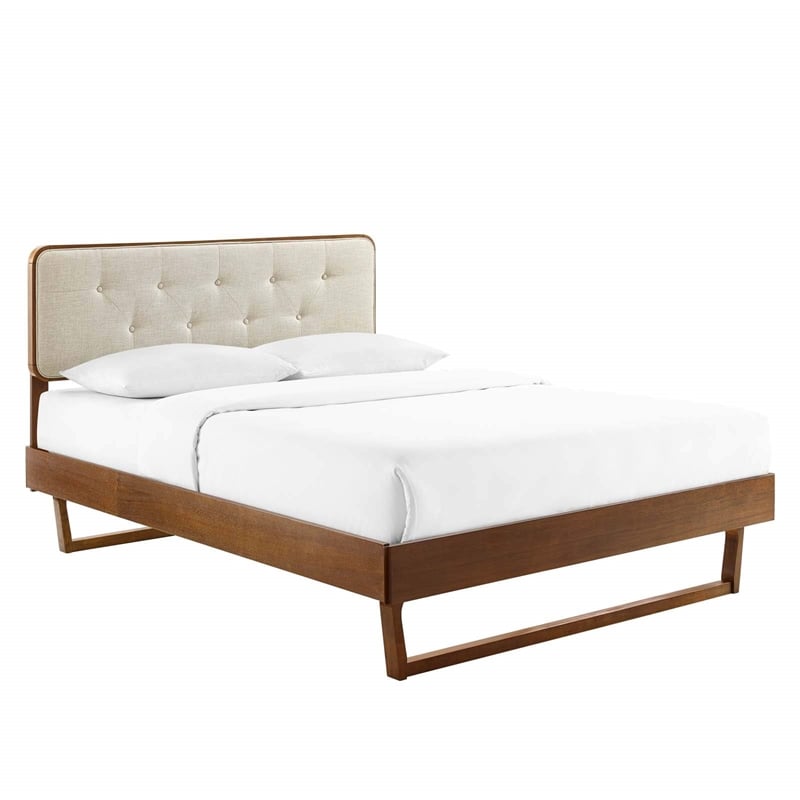 Modway Bridgette King Wood Platform Bed with Angular Frame in Walnut/Beige