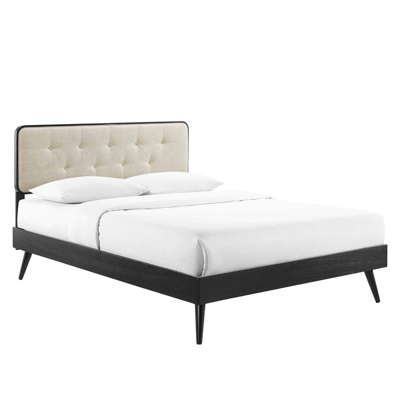 Modway Bridgette Queen Wood Platform Bed with Splayed Legs in Black/Beige