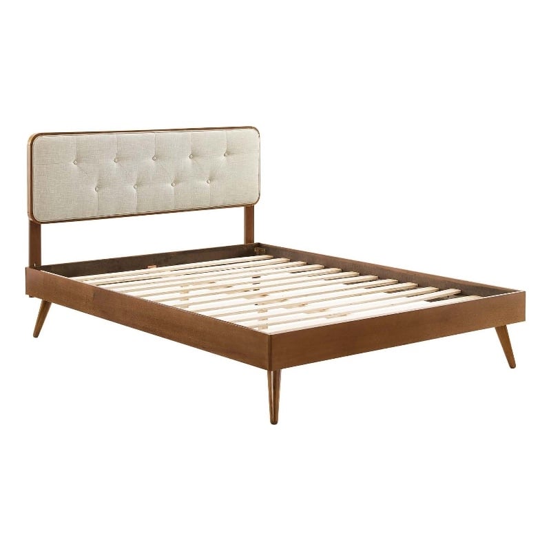 Modway Bridgette Queen Wood Platform Bed with Splayed Legs in Walnut/Beige