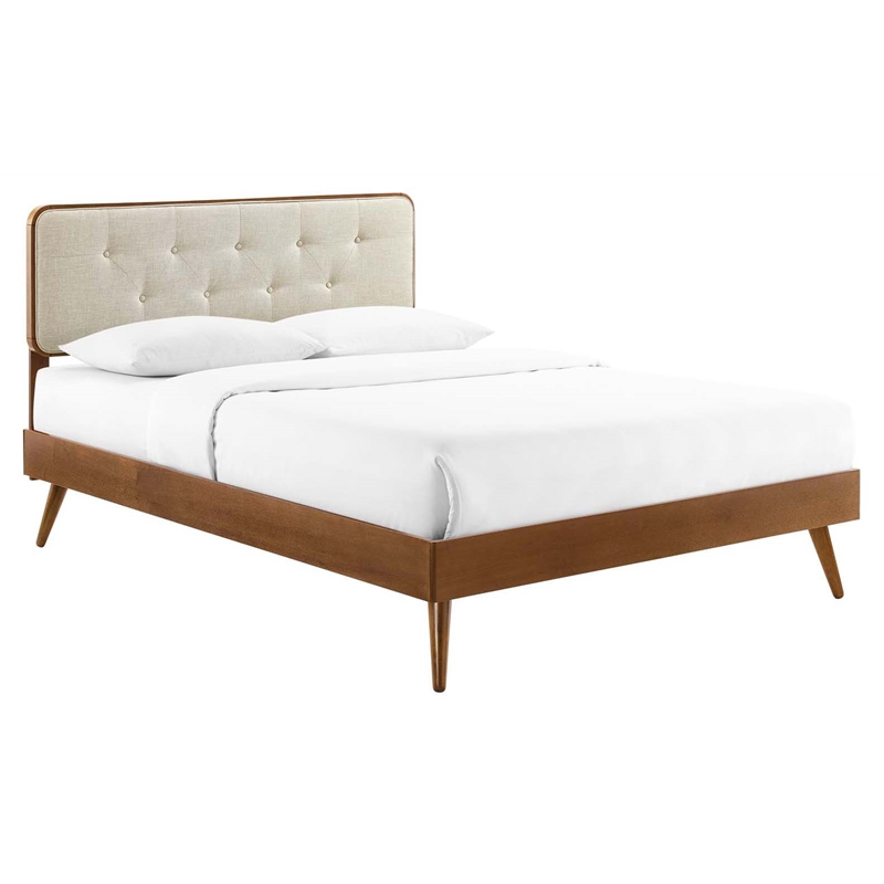 Modway Bridgette Queen Wood Platform Bed with Splayed Legs in Walnut/Beige