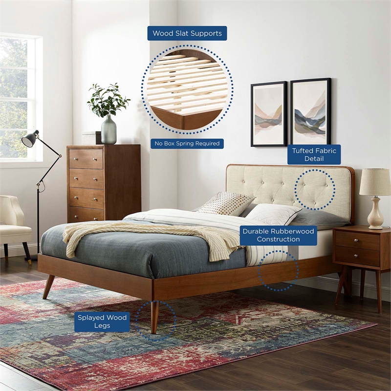 Modway Bridgette Queen Wood Platform Bed with Splayed Legs in Walnut/Beige