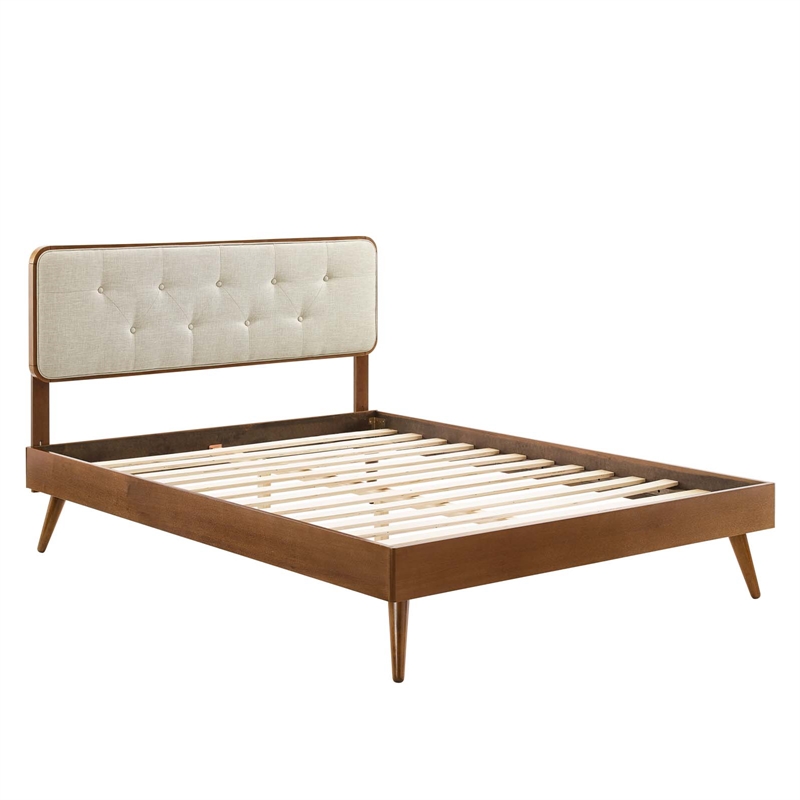 Modway Bridgette Queen Wood Platform Bed with Splayed Legs in Walnut/Beige