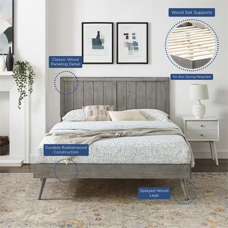 Modway Alana King Wood Platform Bed with Splayed Legs in Gray