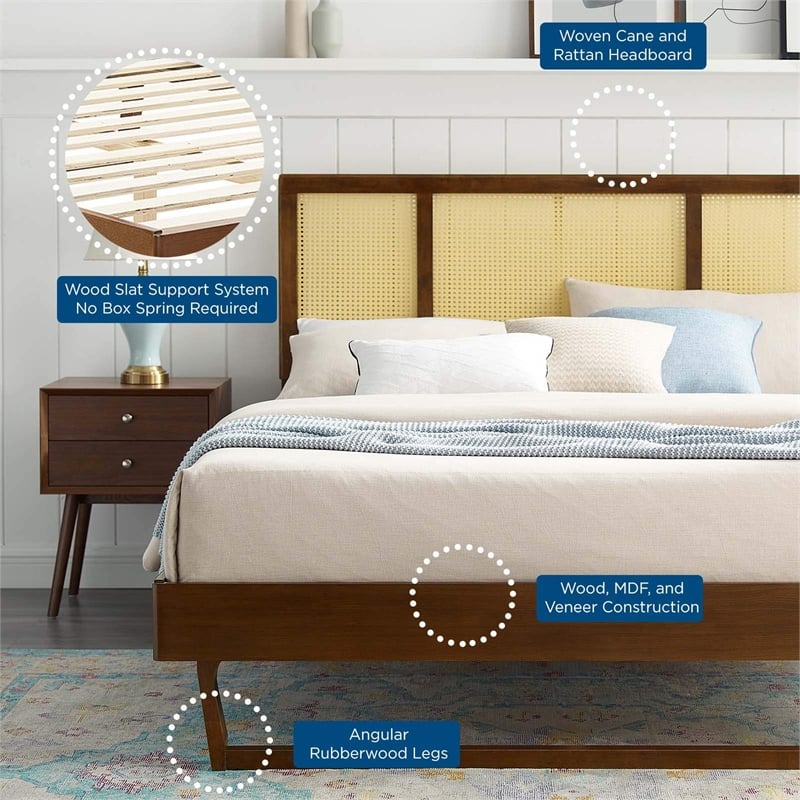 Modway Kelsea Cane Rattan and Wood King Platform Bed with Angular Legs in Walnut