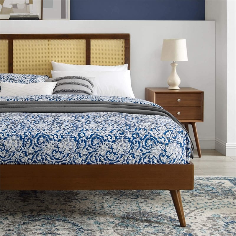 Modway Kelsea Cane Rattan and Wood King Platform Bed with Splayed Legs in Walnut