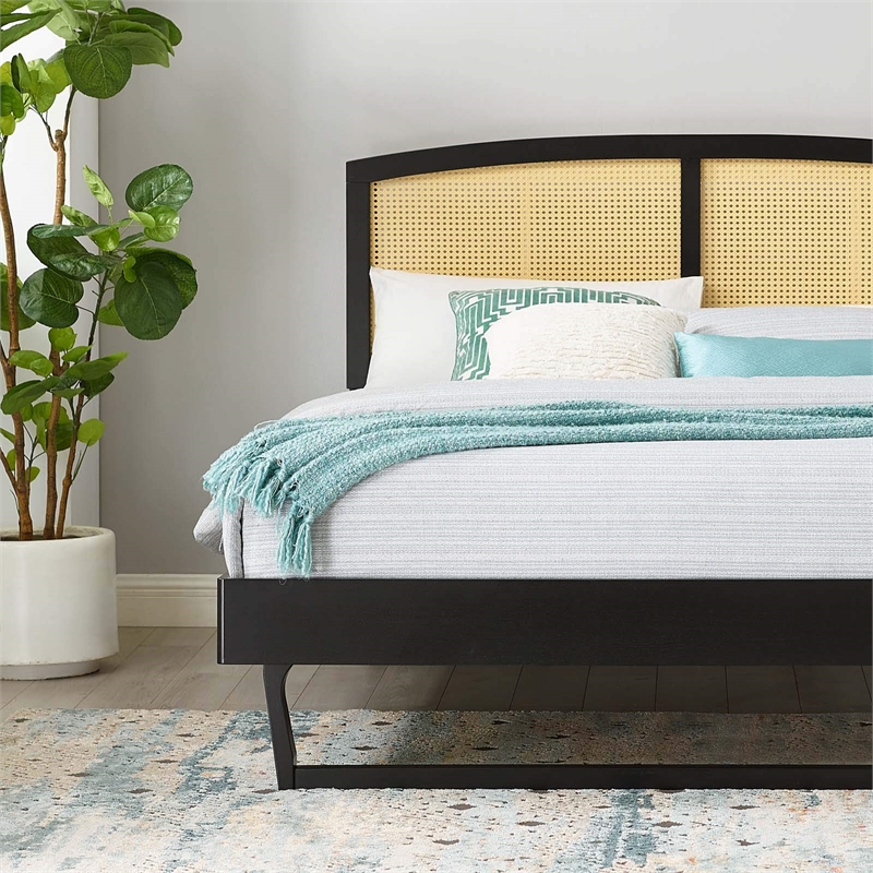 Modway Sierra Cane Rattan and Wood Full Platform Bed with Angular Legs in Black