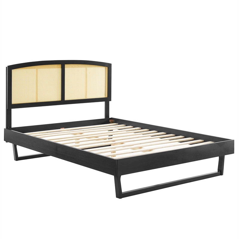 Modway Sierra Cane Rattan and Wood Full Platform Bed with Angular Legs in Black