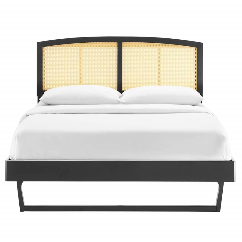 Modway Sierra Cane Rattan and Wood Full Platform Bed with Angular Legs in Black