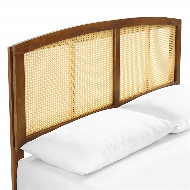 Modway Sierra Cane Rattan and Wood Full Platform Bed with Angular Legs in Walnut