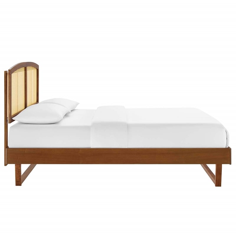 Modway Sierra Cane Rattan and Wood Full Platform Bed with Angular Legs in Walnut