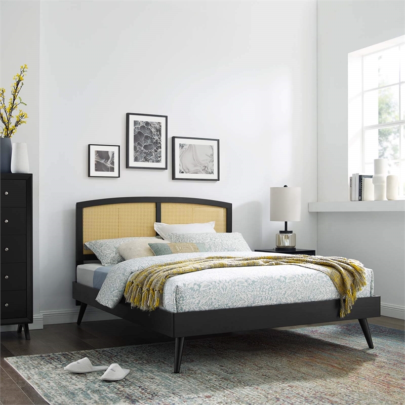 Modway Sierra Cane Rattan and Wood Full Platform Bed with Splayed Legs in Black