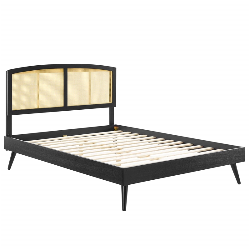 Modway Sierra Cane Rattan and Wood Full Platform Bed with Splayed Legs in Black