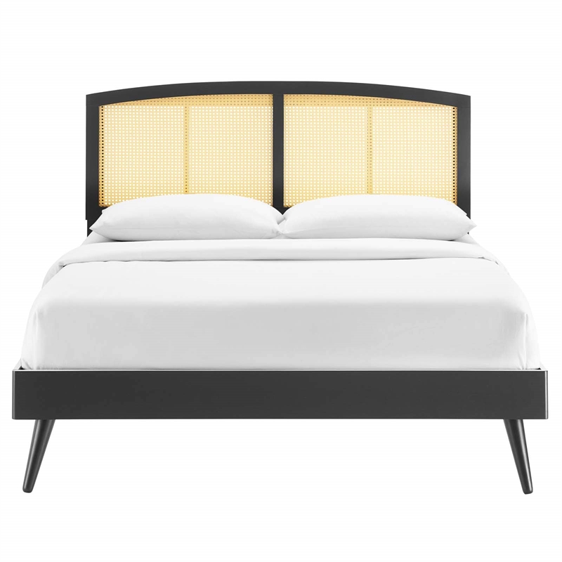 Modway Sierra Cane Rattan and Wood Full Platform Bed with Splayed Legs in Black