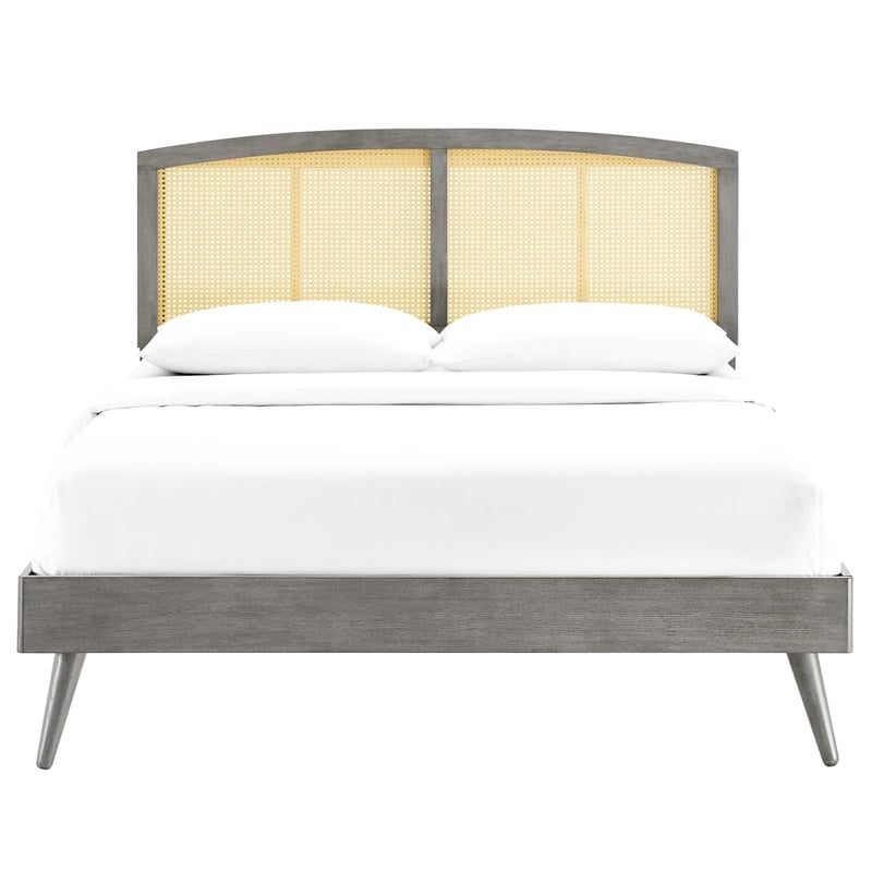 Modway Sierra Cane Rattan and Wood Full Platform Bed with Splayed Legs in Gray
