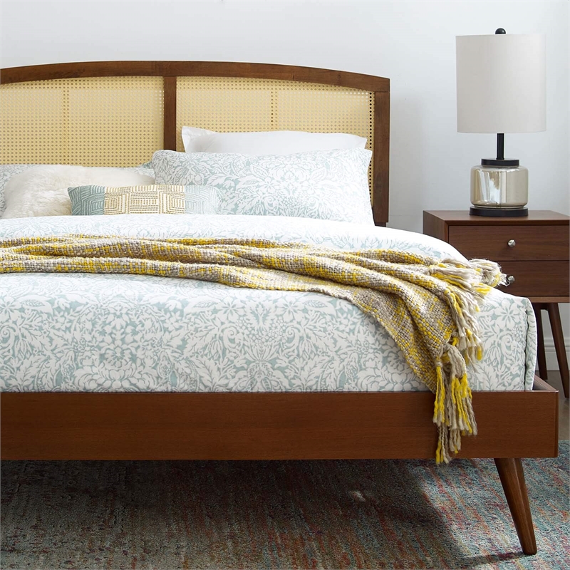 Modway Sierra Cane Rattan and Wood Full Platform Bed with Splayed Legs in Walnut