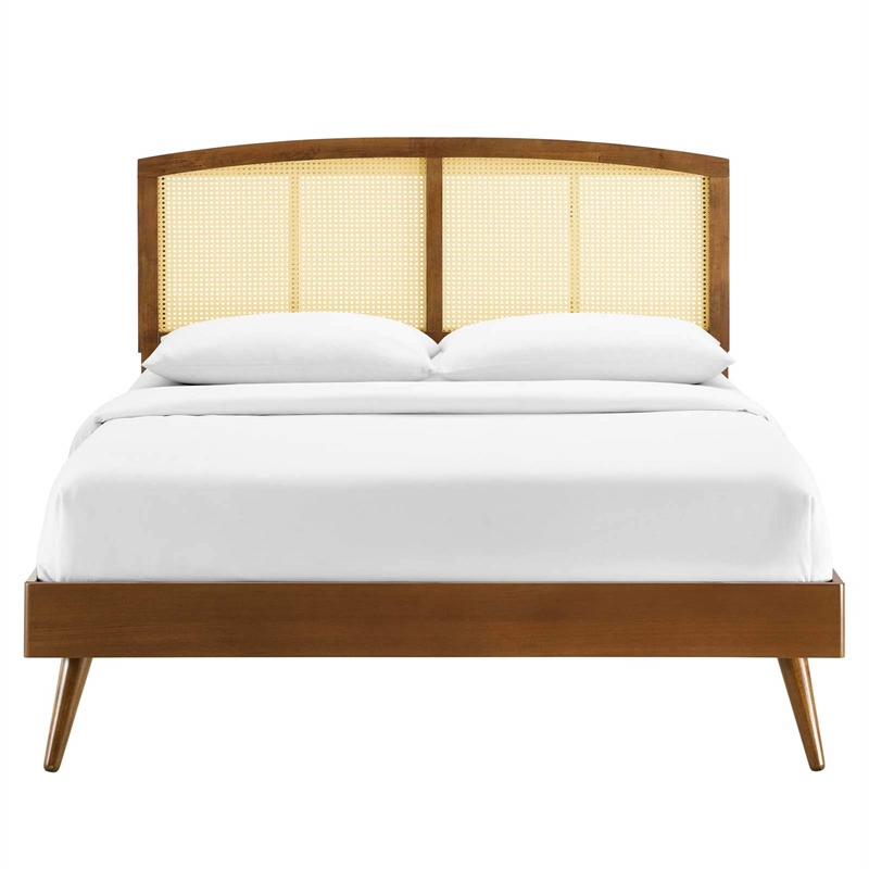 Modway Sierra Cane Rattan and Wood Full Platform Bed with Splayed Legs in Walnut