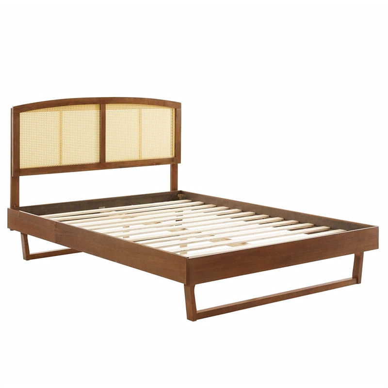 Modway Sierra Cane Rattan and Wood King Platform Bed with Angular Legs in Walnut