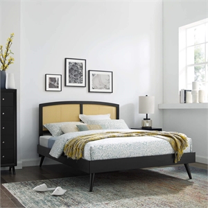 Modway Sierra Cane Rattan and Wood King Platform Bed with Splayed Legs in Black