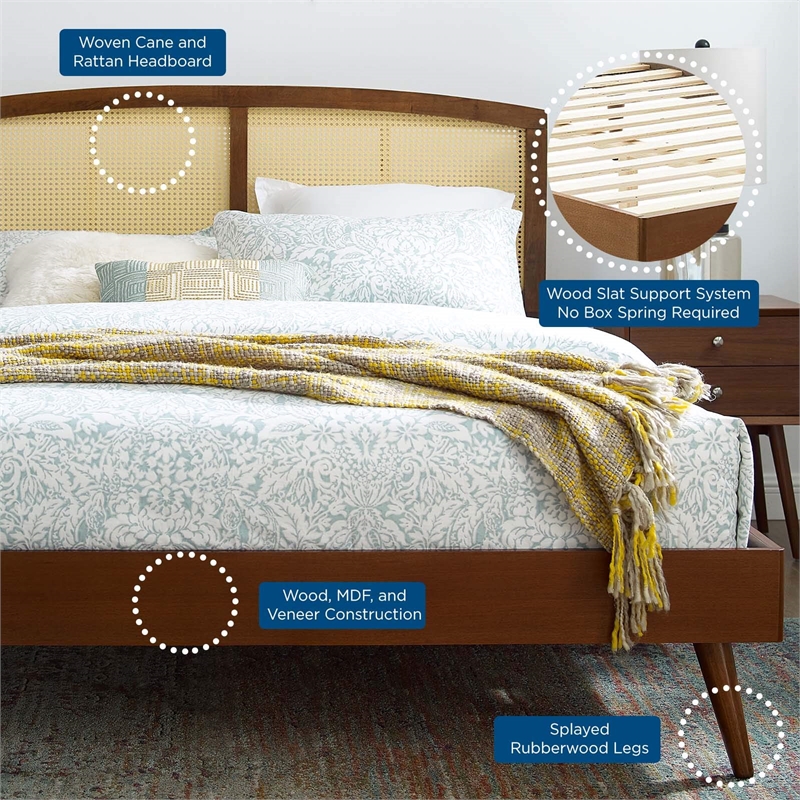 Modway Sierra Cane Rattan and Wood King Platform Bed with Splayed Legs in Walnut